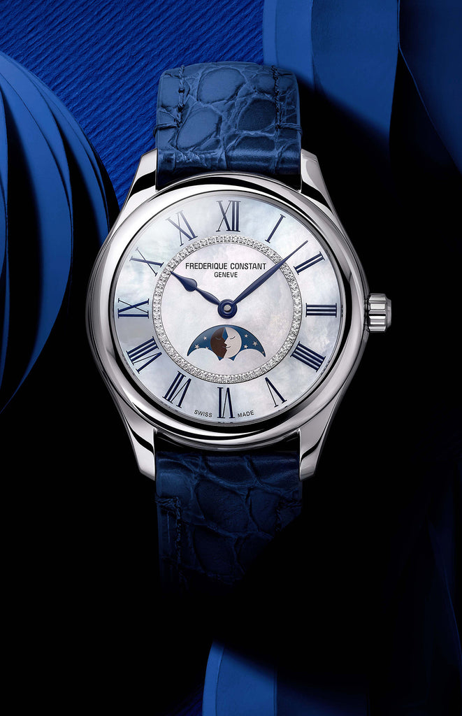 FREDERIQUE CONSTANT CLASSICS ELEGANCE LUNA MOONPHASE MOP ON BLUE LEATHER STRAP
