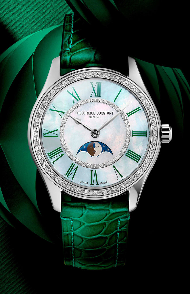 FREDERIQUE CONSTANT CLASSICS ELEGANCE LUNA FULL DIAMOND MOONPHASE ON GREEN LEATHER STRAP