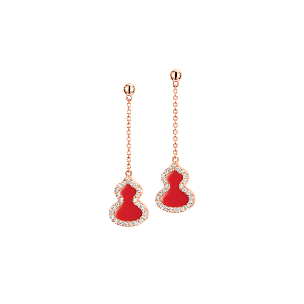 Qeelin Petite Wulu earrings in 18K rose gold with diamonds and red agate