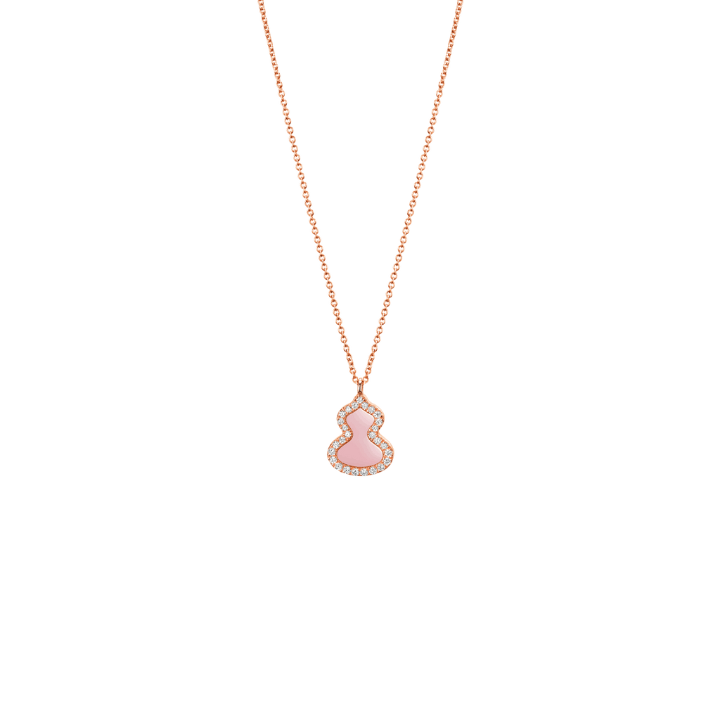 Qeelin Petite Wulu necklace in 18K rose gold with diamonds and pink opal