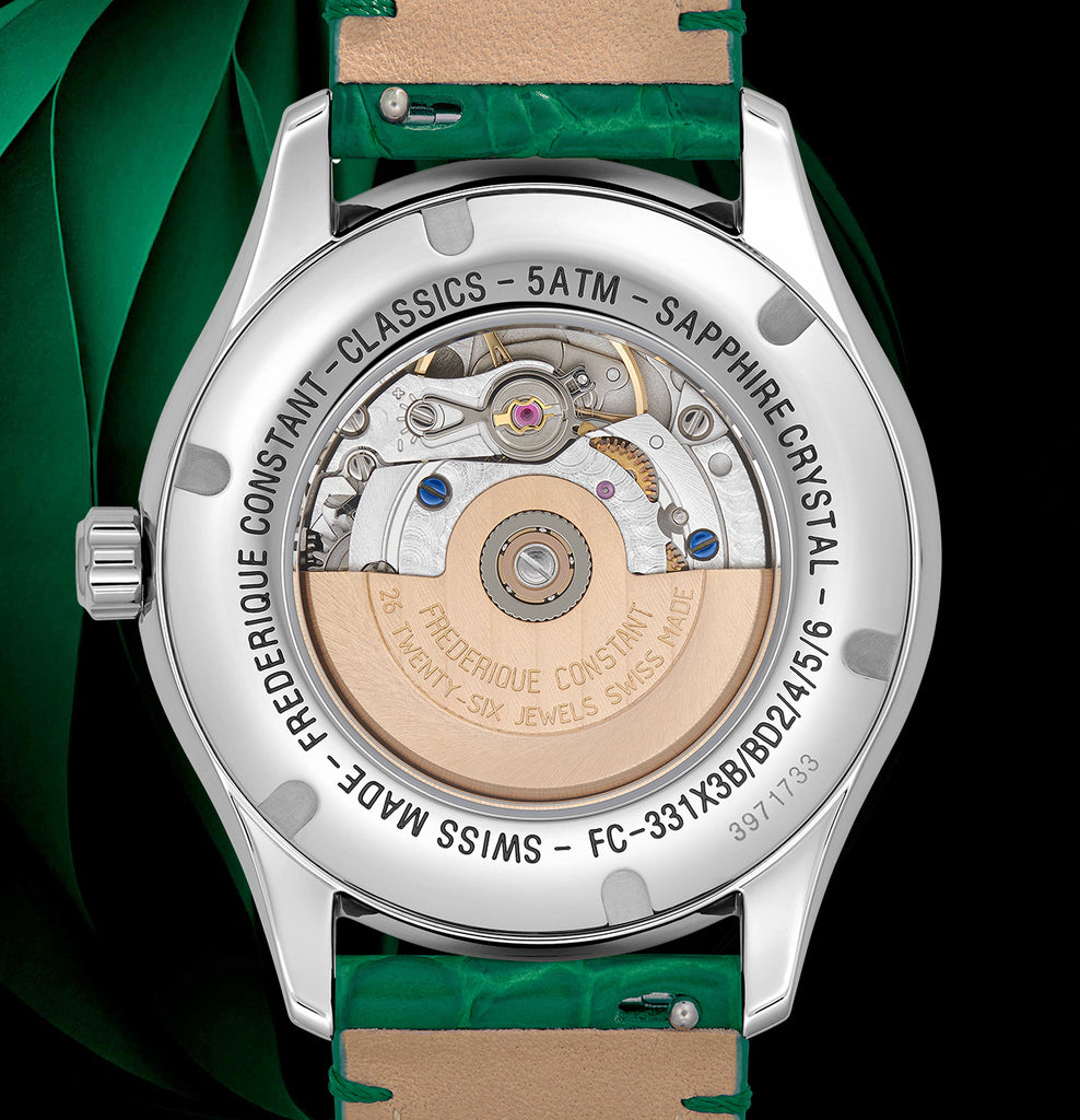 FREDERIQUE CONSTANT CLASSICS ELEGANCE LUNA FULL DIAMOND MOONPHASE ON GREEN LEATHER STRAP