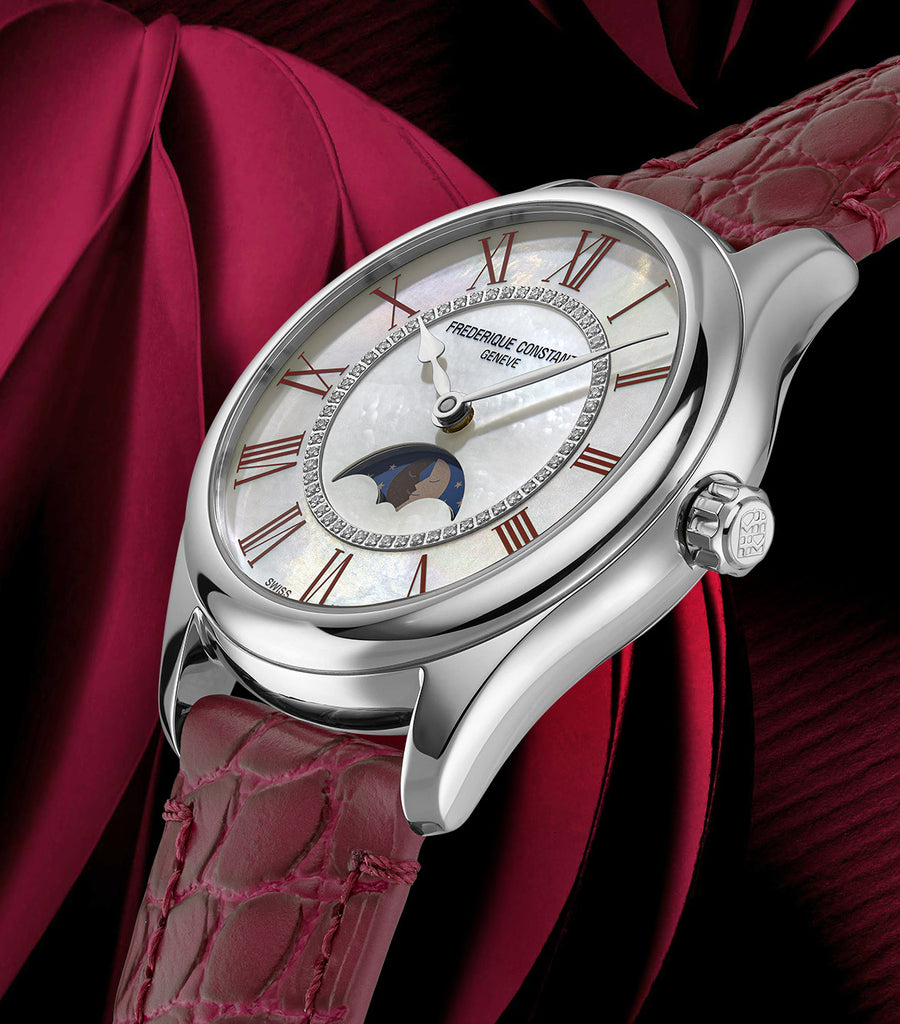 FREDERIQUE CONSTANT CLASSICS ELEGANCE LUNA MOONPHASE MOP ON RED LEATHER STRAP