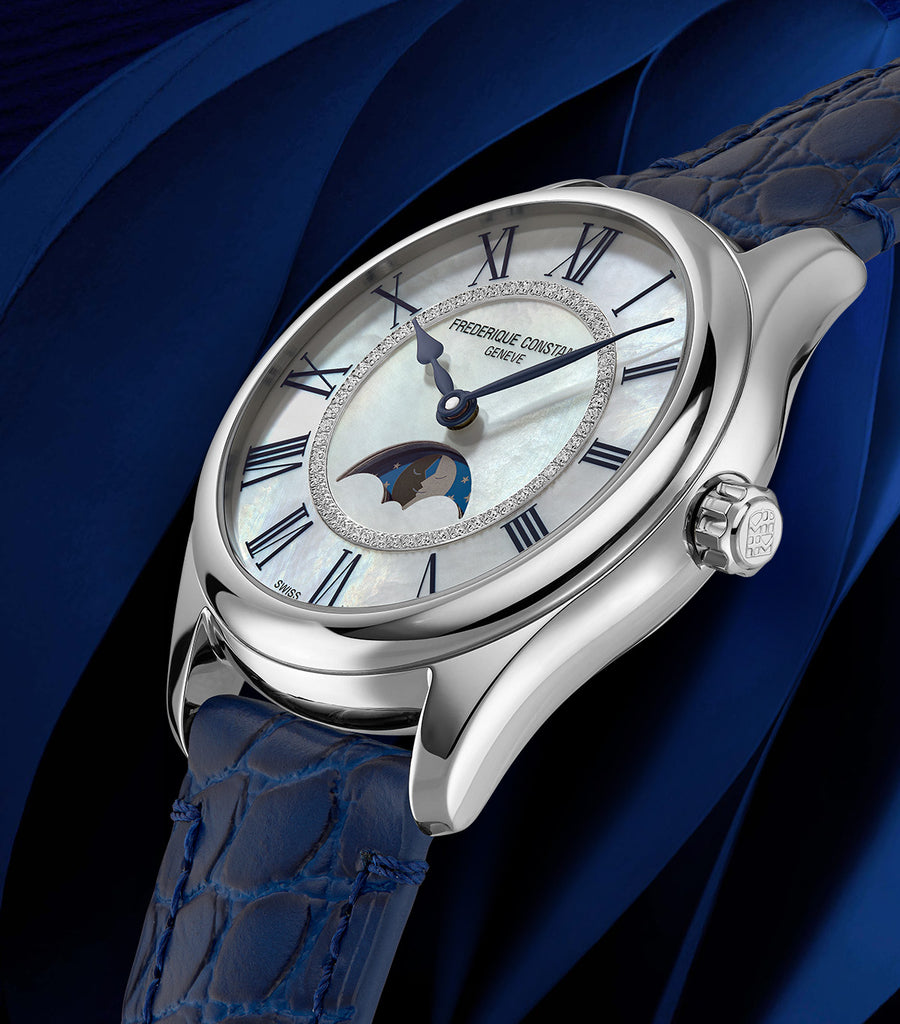 FREDERIQUE CONSTANT CLASSICS ELEGANCE LUNA MOONPHASE MOP ON BLUE LEATHER STRAP