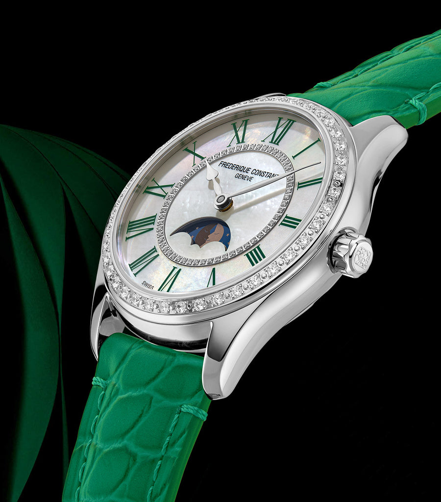FREDERIQUE CONSTANT CLASSICS ELEGANCE LUNA FULL DIAMOND MOONPHASE ON GREEN LEATHER STRAP
