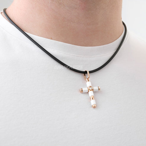 Baraka Snake Cross Pendant -White Cermaic/ RG/ White Diamond