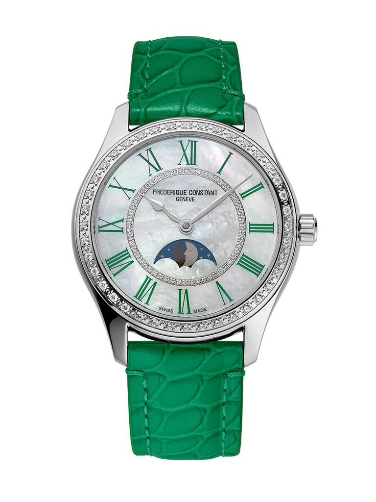 FREDERIQUE CONSTANT CLASSICS ELEGANCE LUNA FULL DIAMOND MOONPHASE ON GREEN LEATHER STRAP