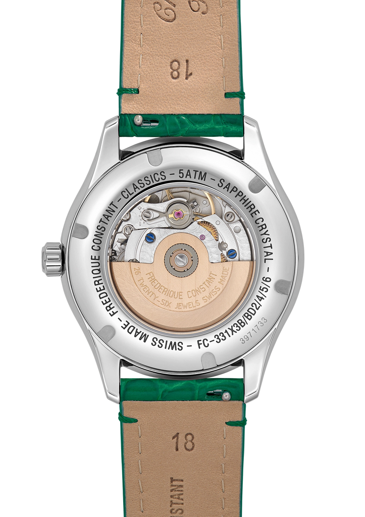 FREDERIQUE CONSTANT CLASSICS ELEGANCE LUNA FULL DIAMOND MOONPHASE ON GREEN LEATHER STRAP