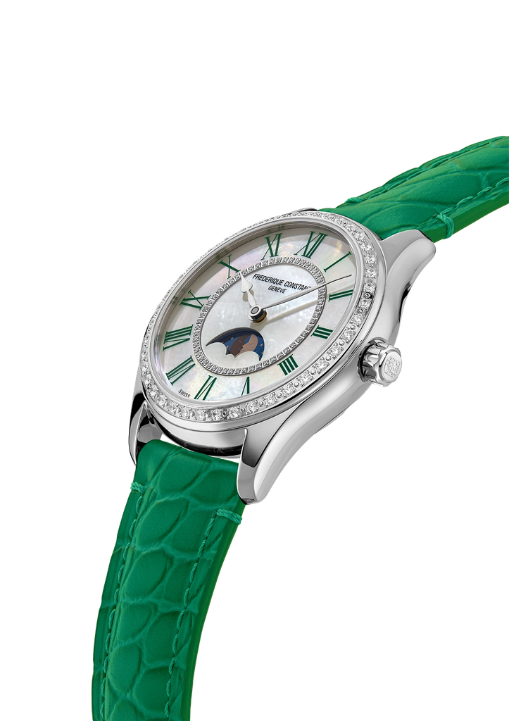 FREDERIQUE CONSTANT CLASSICS ELEGANCE LUNA FULL DIAMOND MOONPHASE ON GREEN LEATHER STRAP