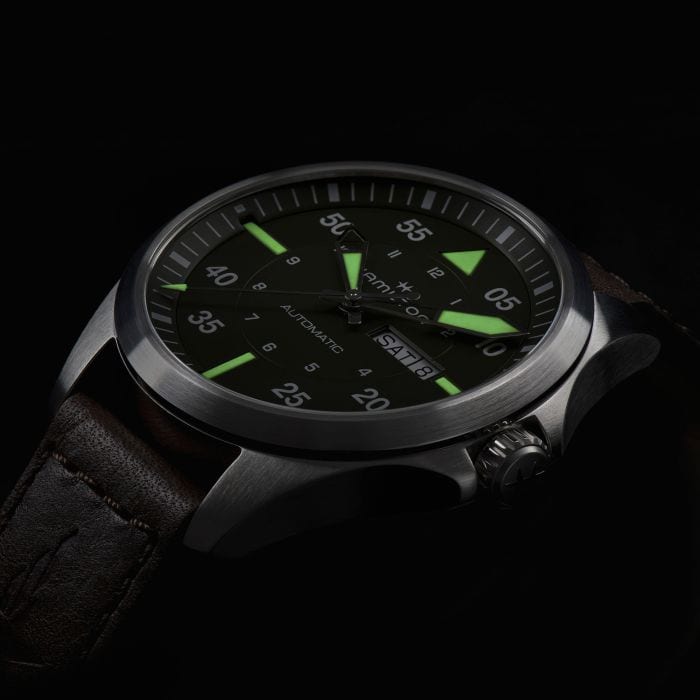 Hamilton Khaki Aviation Pilot Day Date Auto Green on Leather