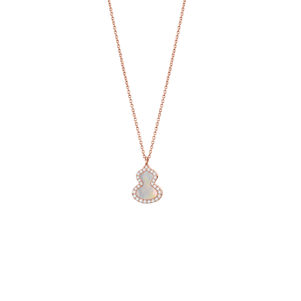 Qeelin Petite Wulu necklace in 18K rose gold with diamonds and mother of pearl