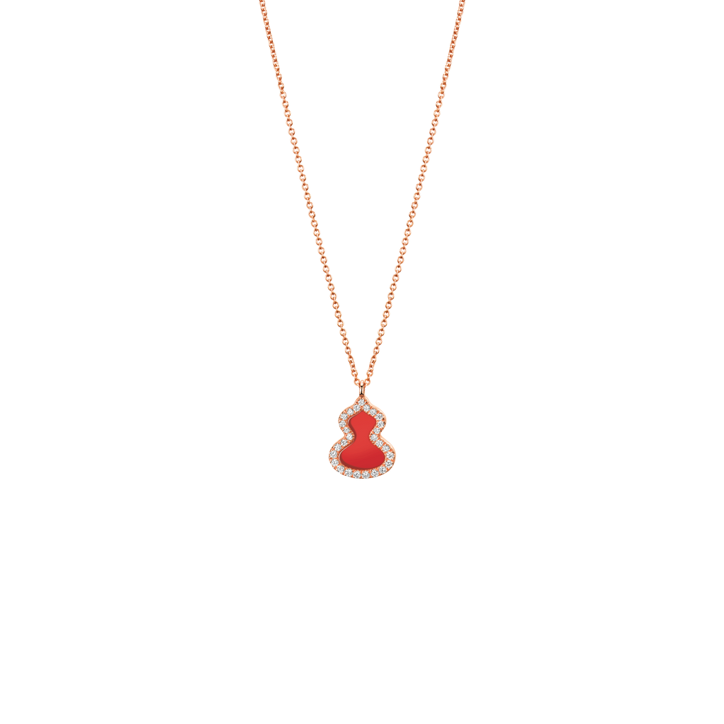 Qeelin Petite Wulu necklace in 18K rose gold with diamonds and red agate