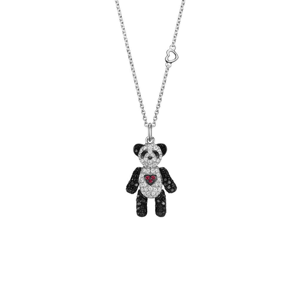 Qeelin Petite Je t'aime Bo Bo necklace in 18K white gold with diamonds, black diamonds and rubies