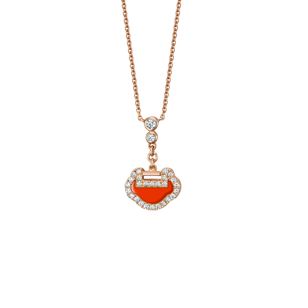 Qeelin Petite Yu Yi necklace in 18K rose gold with diamonds and red agate