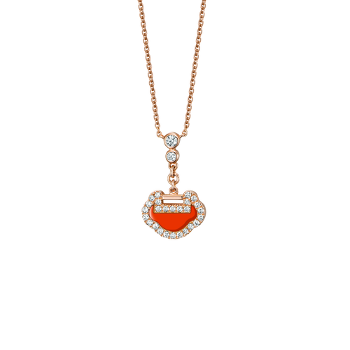 Qeelin Petite Yu Yi necklace in 18K rose gold with diamonds and red agate