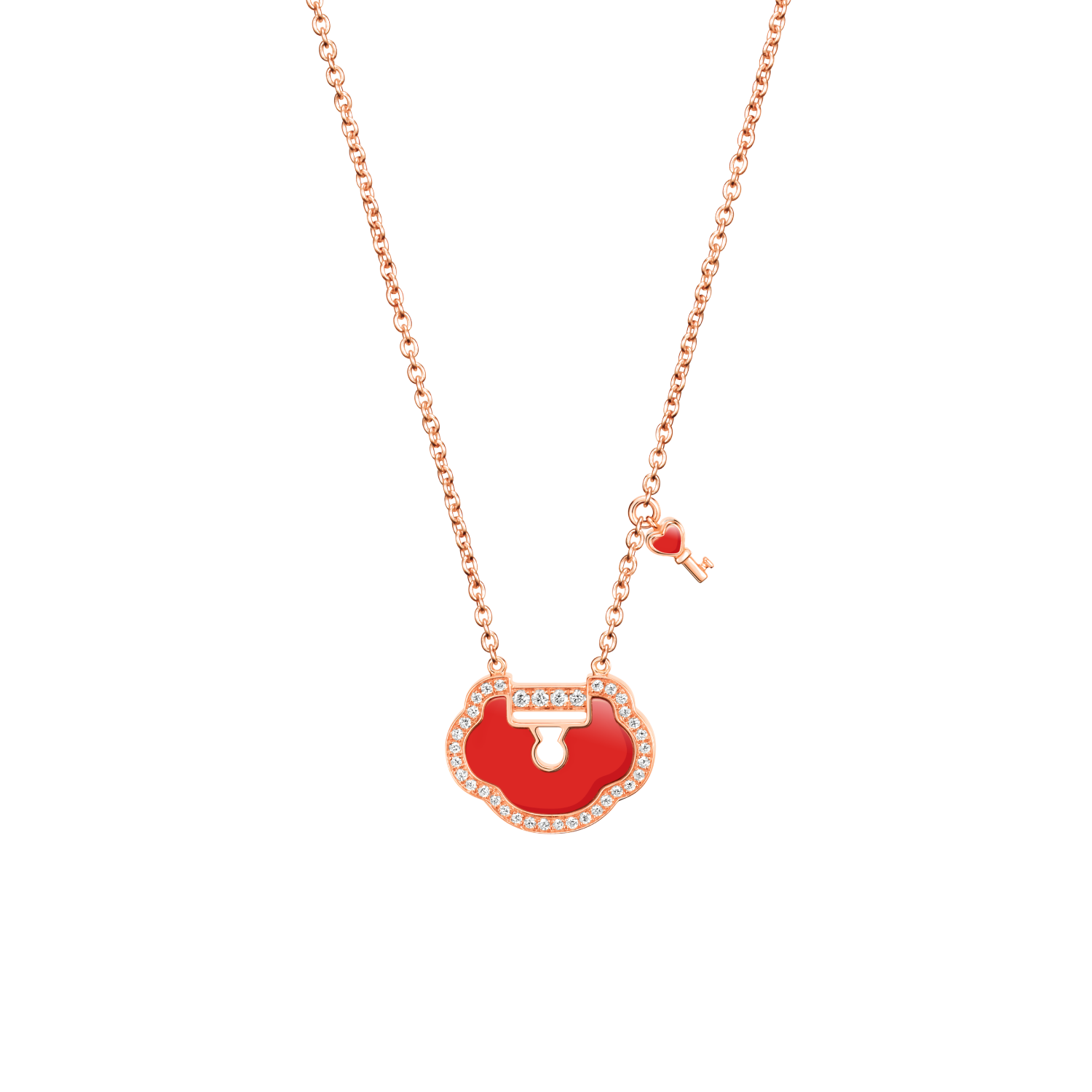 Qeelin Yu Yi Lock Necklace in 18K rose gold with diamonds and red