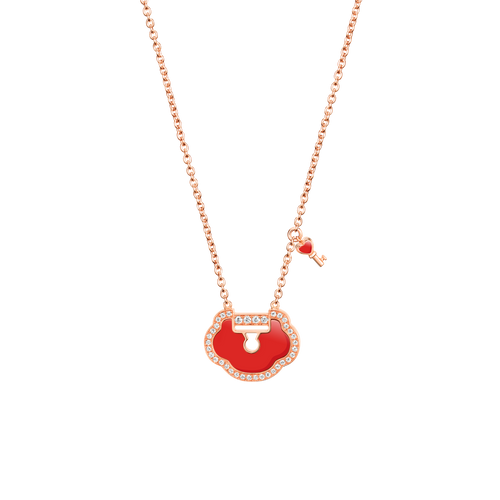 Qeelin Yu Yi Lock Necklace in 18K rose gold with diamonds and red agate