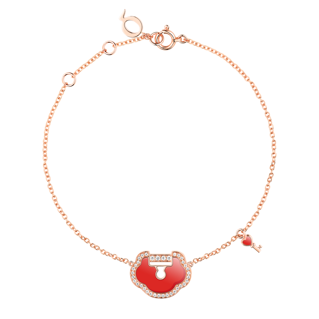 Qeelin Yu Yi Lock bracelet in 18K rose gold with diamonds and red agate