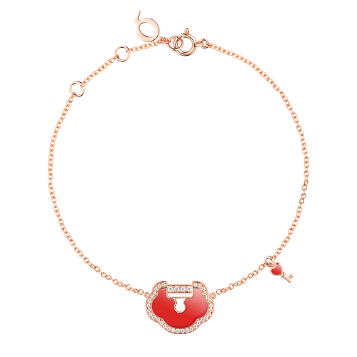 Qeelin Yu Yi Lock bracelet in 18K rose gold with diamonds and red agate