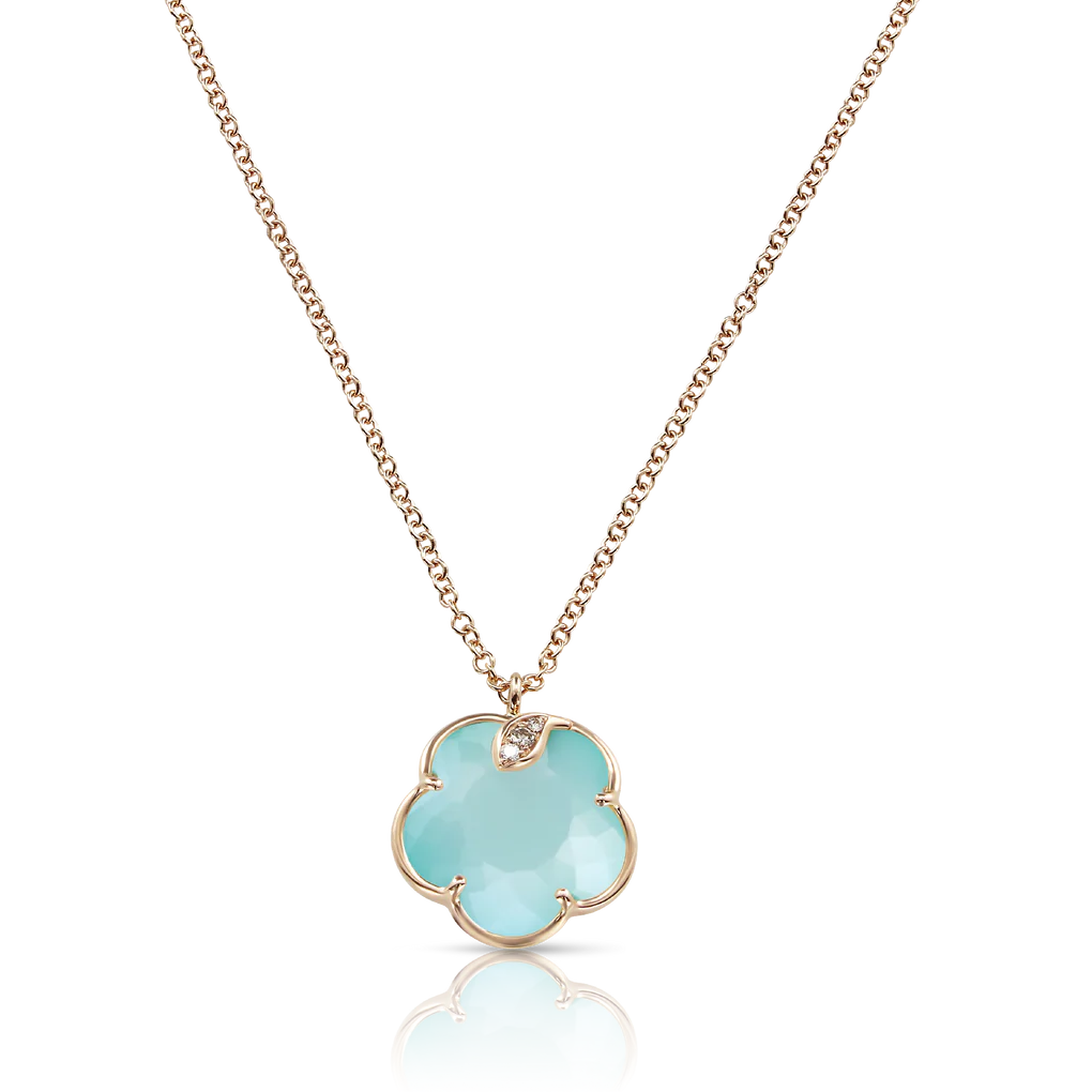 Pasquale Bruni Petit Joli Necklace in 18k RG with Sea Moon gem and Diamonds.