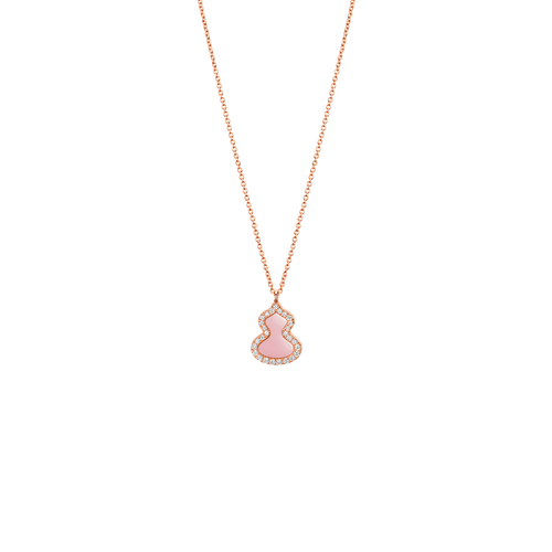 Qeelin Petite Wulu necklace in 18K rose gold with diamonds and pink opal