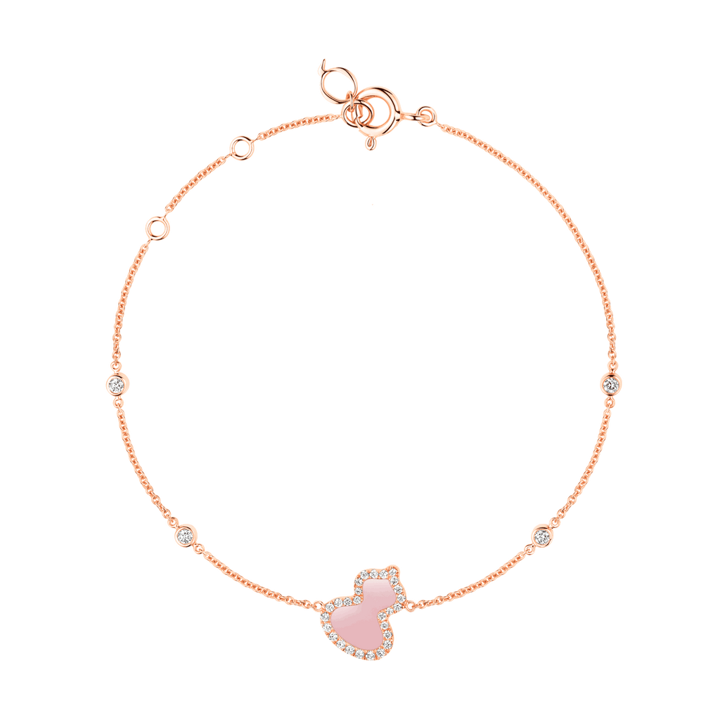 Qeelin Petite Wulu bracelet in 18K rose gold with diamonds and pink opal