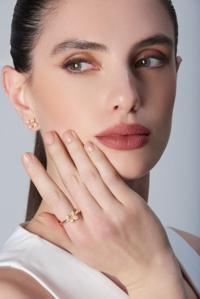 Pasquale Bruni Petit Garden Stud earrings in 18k Rose Gold with White and Champagne Diamonds Micro Flower