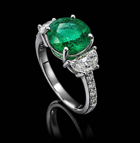 18k white gold Natural Emerald Ring -2.47ct with 2 half moon diamonds