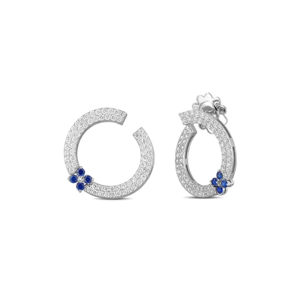 Roberto Coin Love in Verona Circular Earrings in 18k white gold with pave diamonds and sapphire