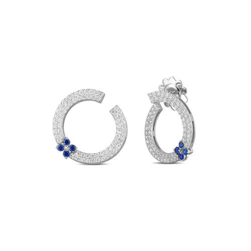 Roberto Coin Love in Verona Circular Earrings in 18k white gold with pave diamonds and sapphire