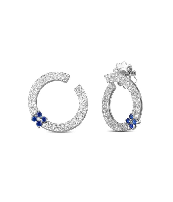 Roberto Coin Love in Verona Circular Earrings in 18k white gold with pave diamonds and sapphire