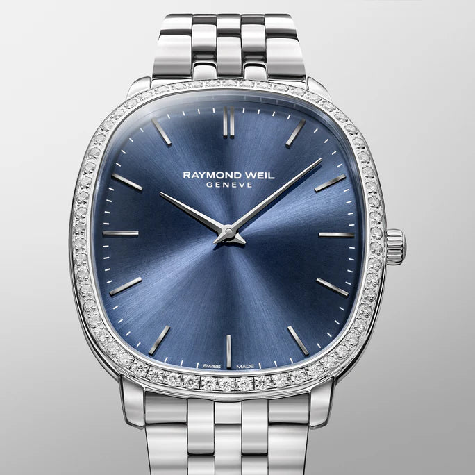 Raymond Weil Toccata Heritage Quartz full diamond blue dial on Steel Bracelet -31mm x 36mm