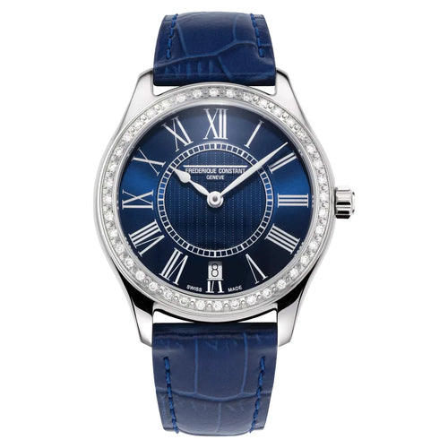 Frederique Constant Classics Quartz on Blue Leather Strap with Diamond Bezel