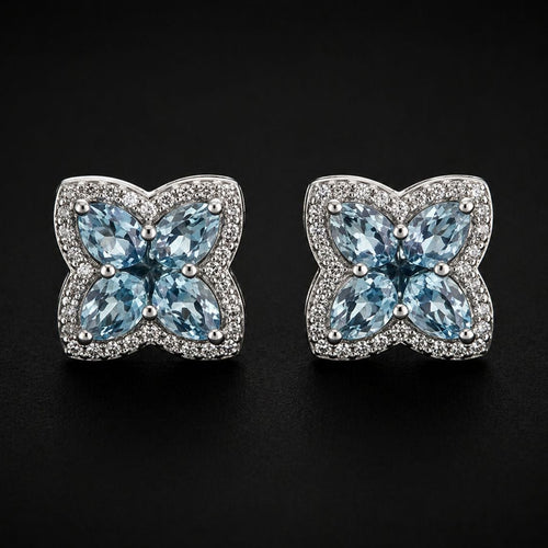 18k white gold Natural Aquamarine Clover Earrings with natural diamonds