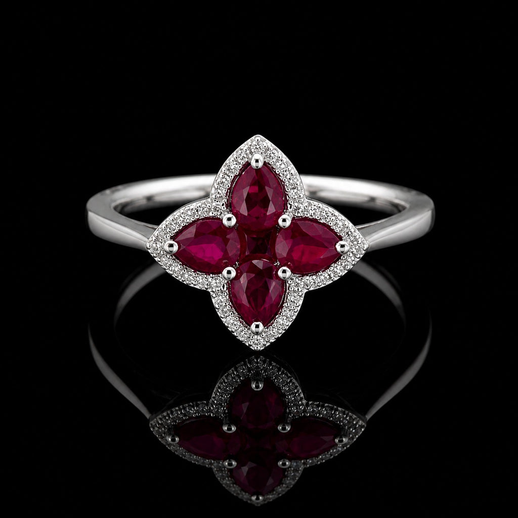 18k white gold Natural Ruby Clover Ring with natural diamonds