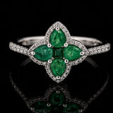 18k white gold Natural Emerald Clover Ring with Natural Diamonds
