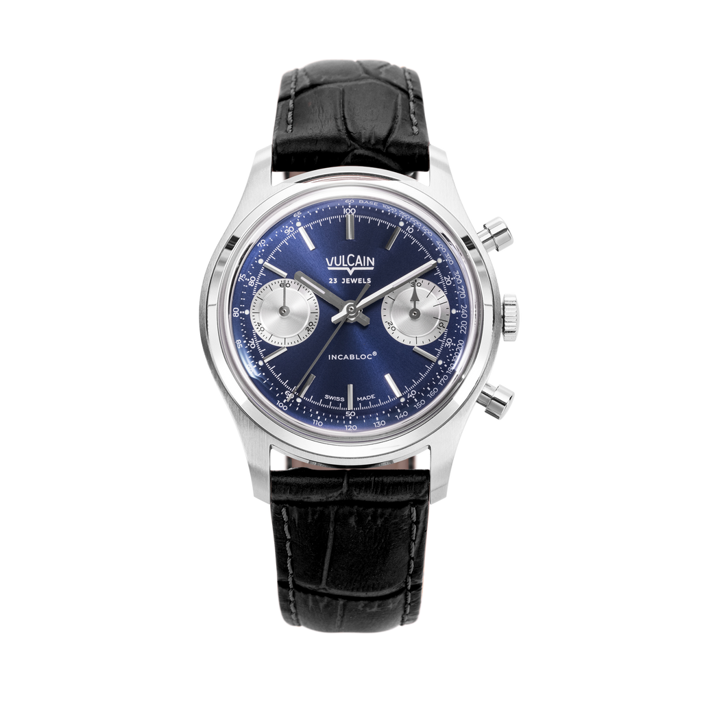 Chronograph 70's - Blue with Black Croco pattern Strap