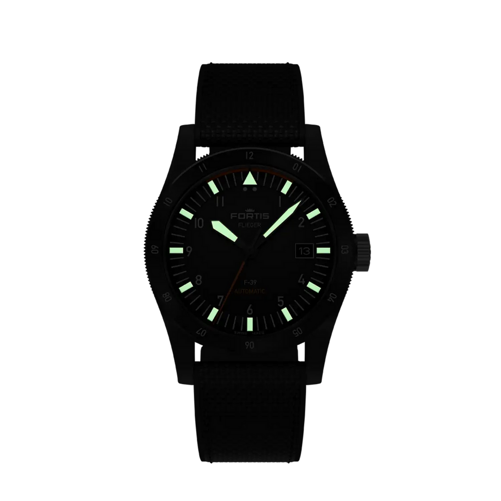 Fortis Flieger F-39 Black Werk 7 Mission Black on Hybrid Strap Limited Edition 100 pieces