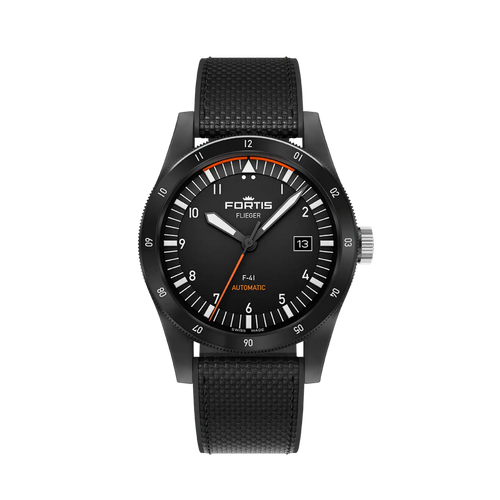 Fortis Flieger F-41 Black Werk 7 Mission Black on Hybrid Strap Limited Edition 100 pieces