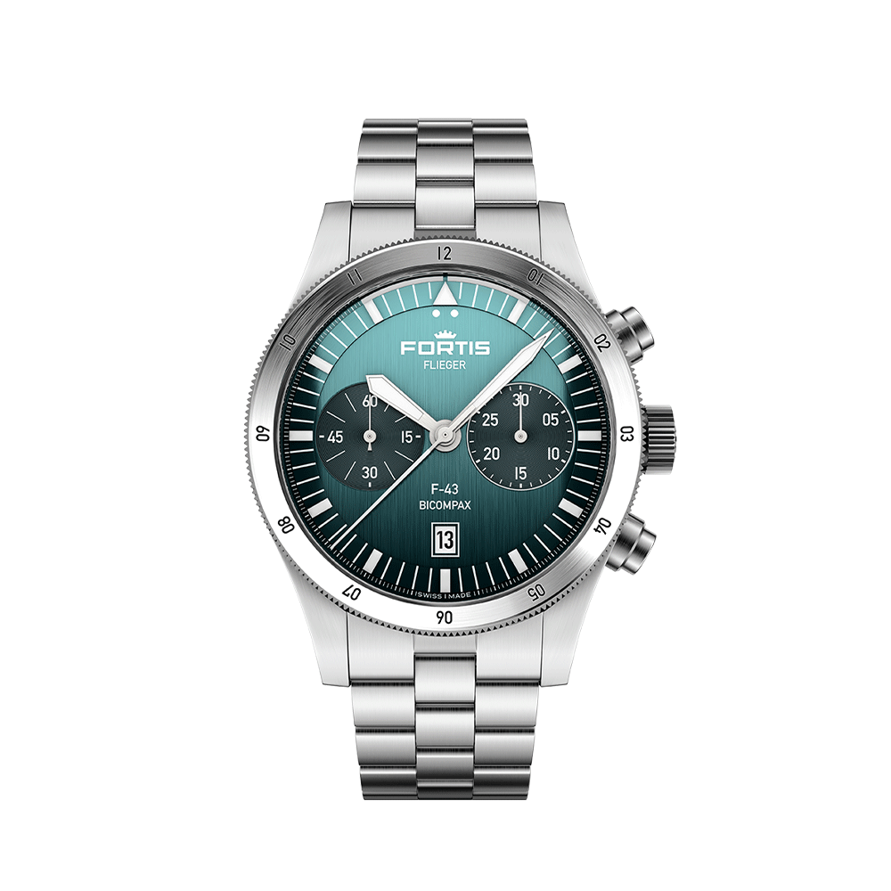 Fortis Flieger F-43 bicompax petrol on block bracelet