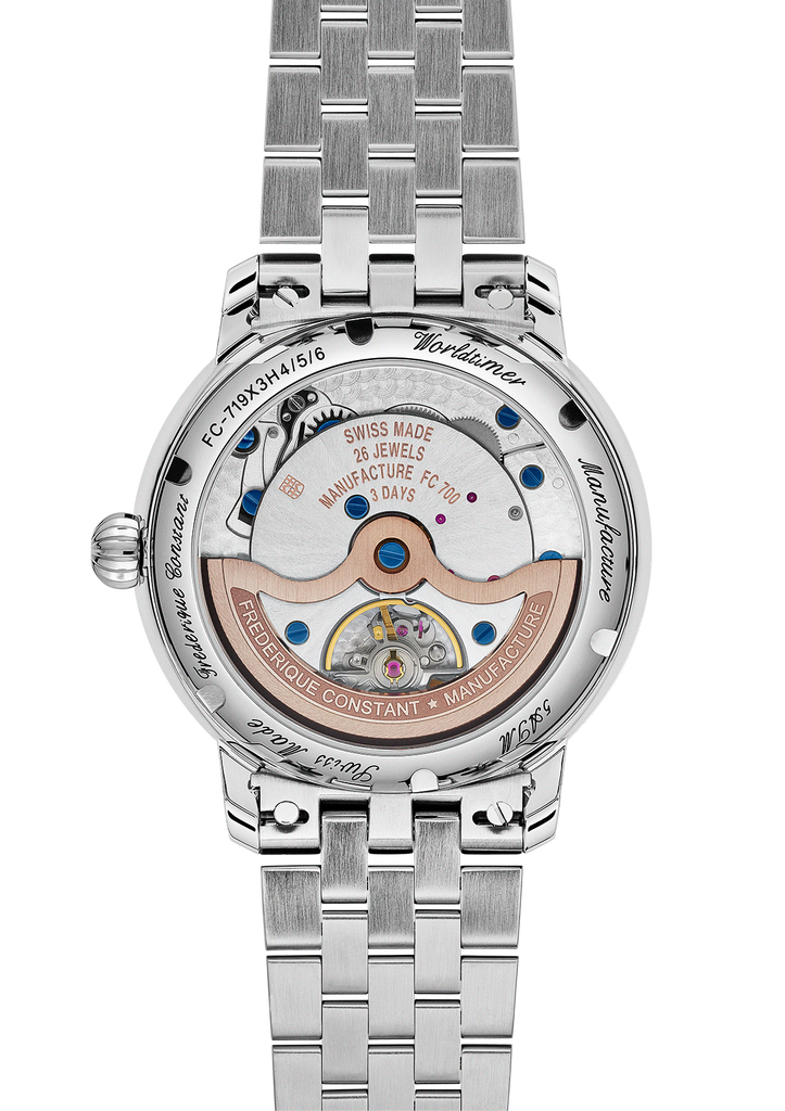 FREDERIQUE CONSTANT CLASSICS WORLDTIMER MANUFACTURE BLUE ON BRACELET