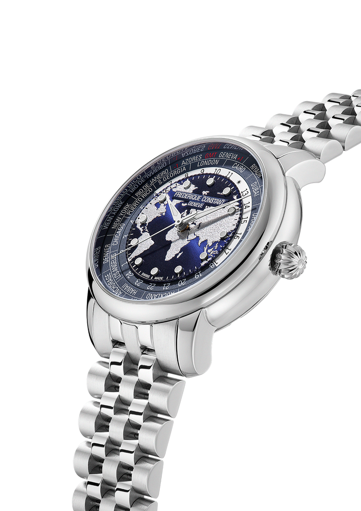 FREDERIQUE CONSTANT CLASSICS WORLDTIMER MANUFACTURE BLUE ON BRACELET