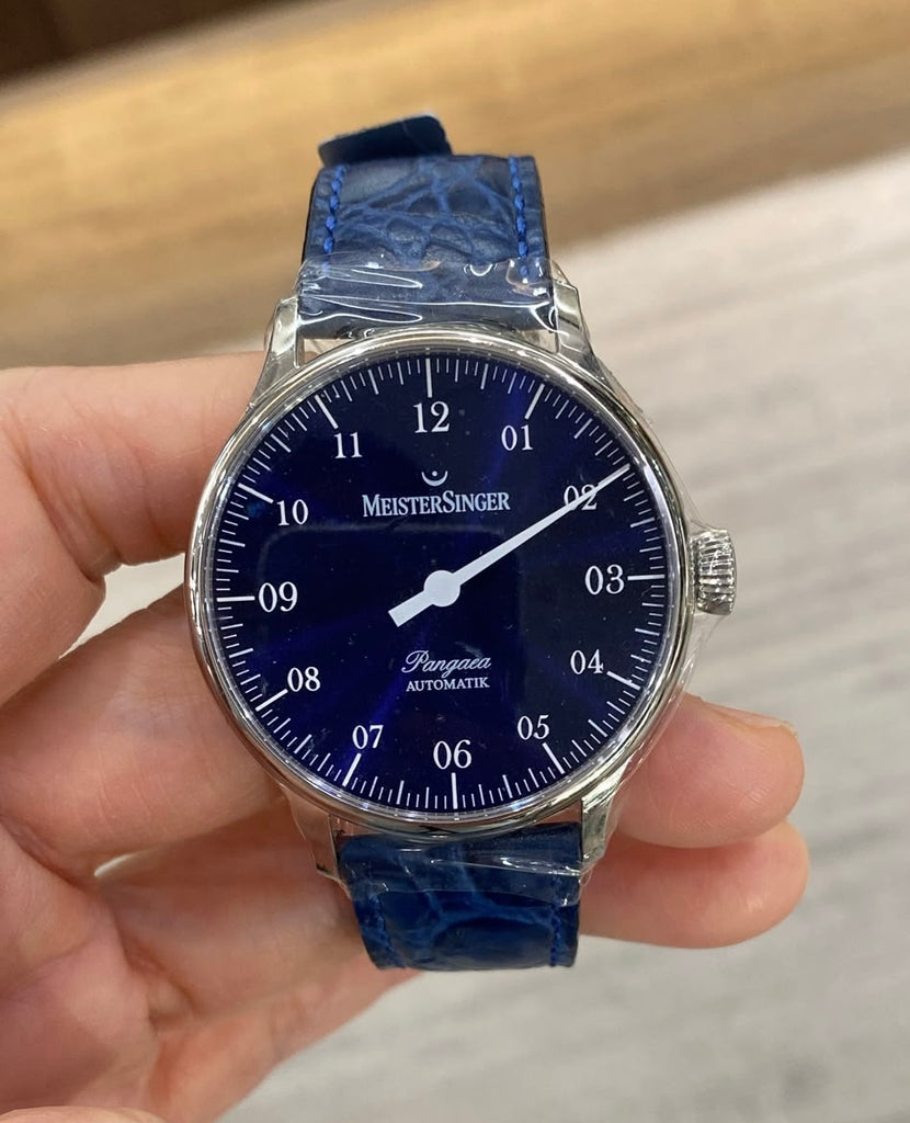 MeisterSinger Pangaea Blue with Onion Shaped Crown on Blue Leather Strap (Please notes the watch is strap on a blue leather instead)
