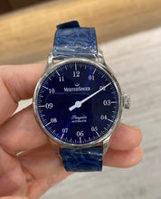 Load image into Gallery viewer, MeisterSinger Pangaea Blue with Onion Shaped Crown on Blue Leather Strap (Please notes the watch is strap on a blue leather instead)
