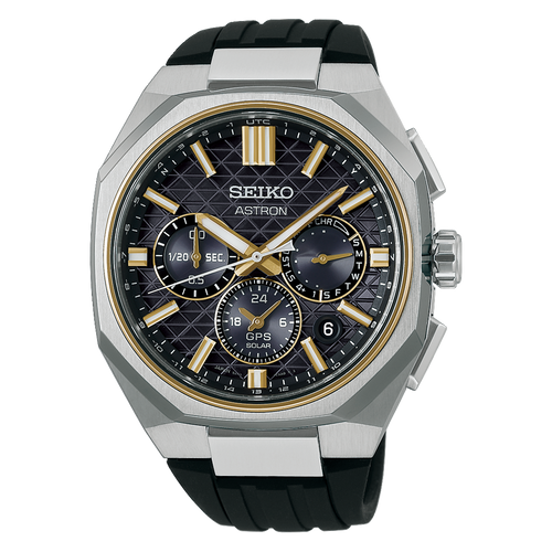 Seiko Astron GPS Solar Dual Time Chronograph HAB003J Black Dial on Rubber Strap