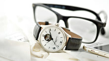 Load image into Gallery viewer, CLASSICS HEART BEAT AUTOMATIC SILVER DIAL OPEN HEART ON BLACK LEATHER