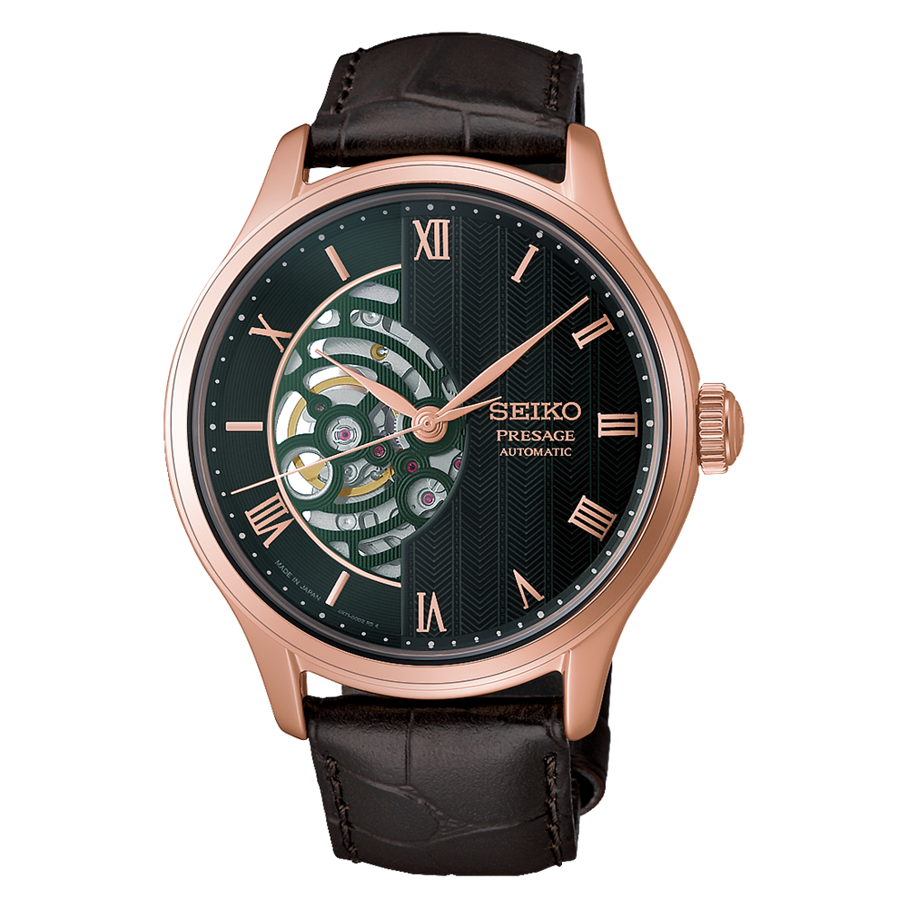 SEIKO Presage Japanese Garden Open Heart Automatic Watch RG PVD Green on Brown Leather HCB007