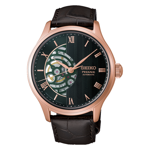 SEIKO Presage Japanese Garden Open Heart Automatic Watch RG PVD Green on Brown Leather HCB007