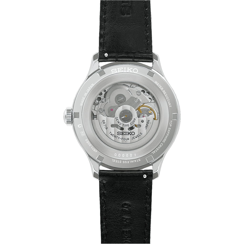 SEIKO Presage Japanese Garden Open Heart Automatic Watch Black on Black Leather HCB008