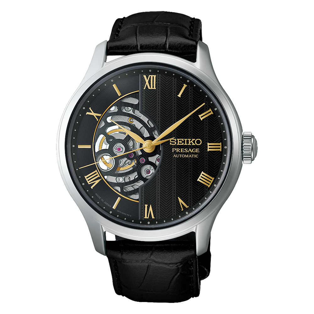 SEIKO Presage Japanese Garden Open Heart Automatic Watch Black on Black Leather HCB008