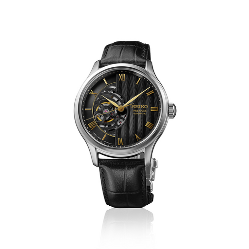 SEIKO Presage Japanese Garden Open Heart Automatic Watch Black on Black Leather HCB008